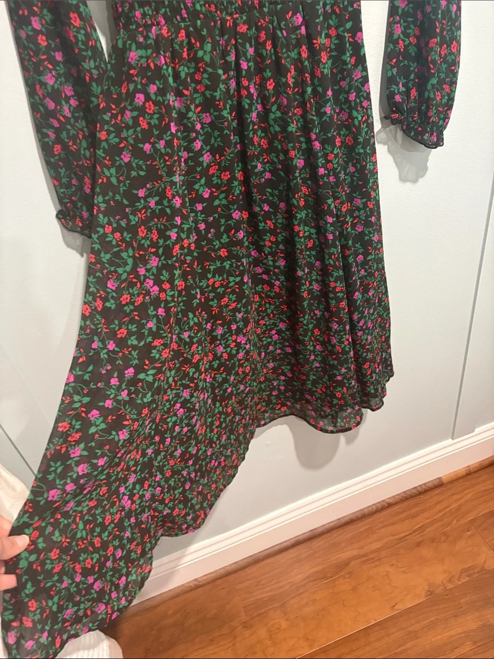 Ladies' Black Floral Midi Dress with Magenta & Red Blooms
